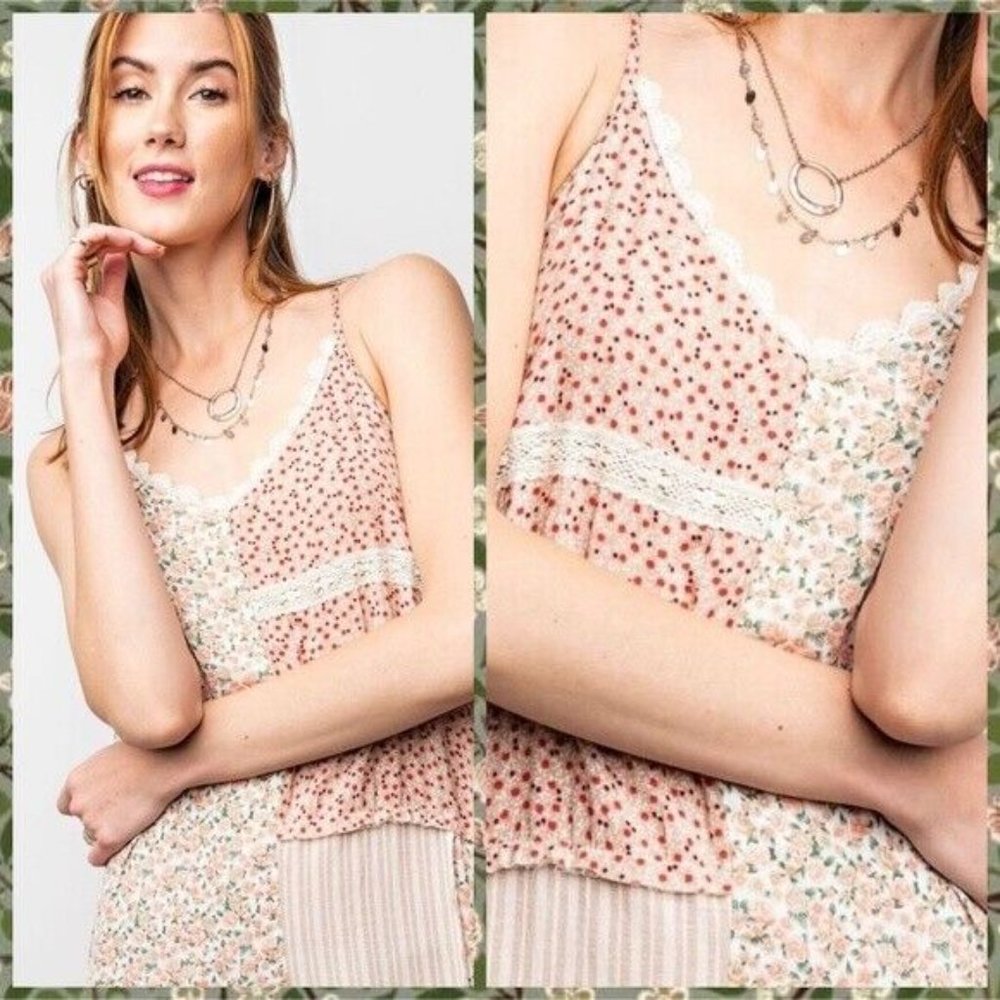 EASEL Mixed Print Adjustable Cross Straps Maxi Dress Lace Edges Relaxed & Flowy - Picture 8 of 15